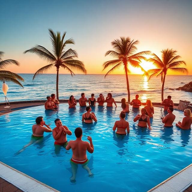 Fete au coucher du soleil a la piscine